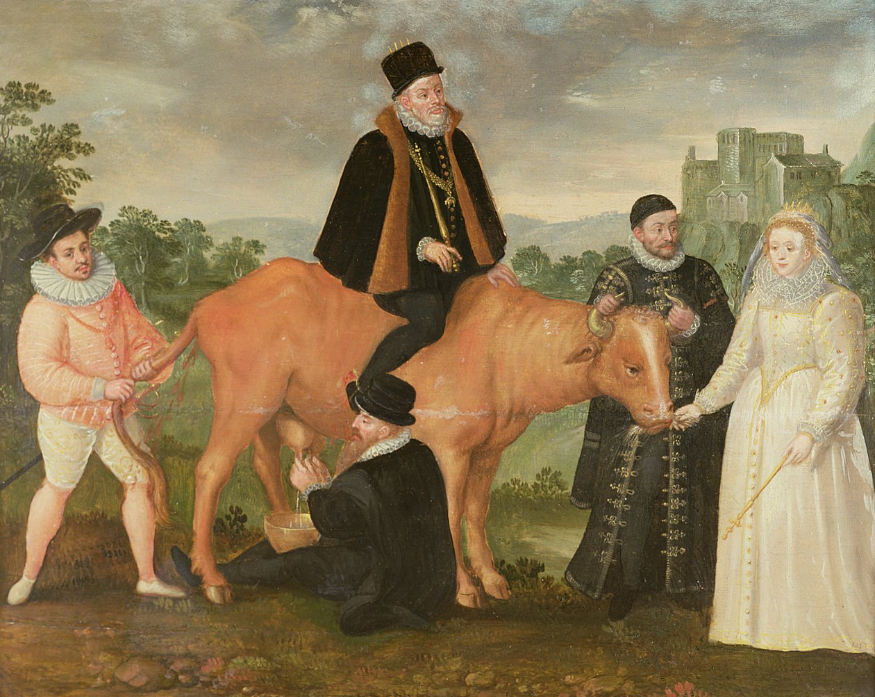 Philip II (bir ineğin üzerine monte edilmiş), Alencon Dükü, Alba Dükü, Orange William ve Kraliçe I. Elizabeth