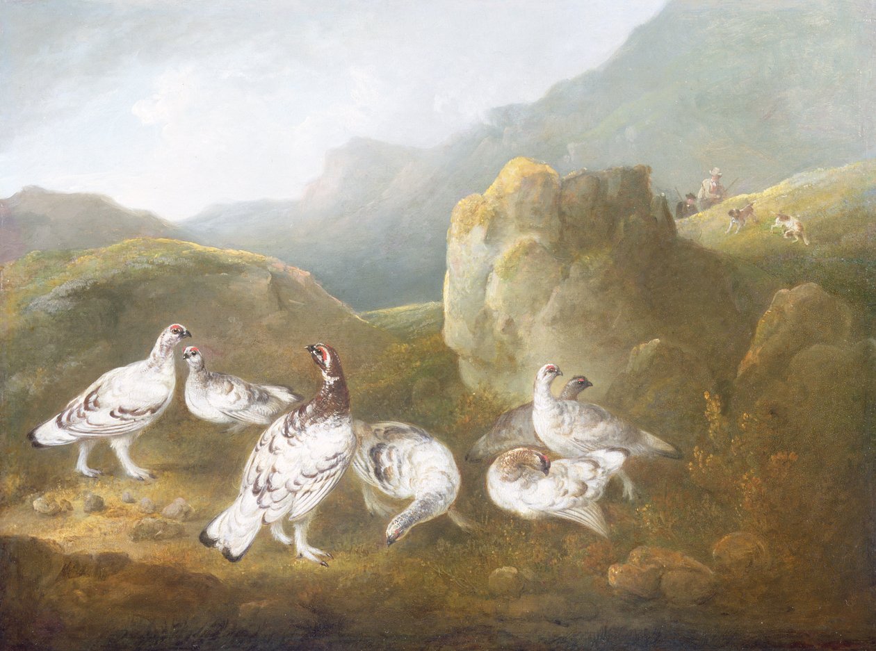 Ptarmigan, Sporcular ve Köpeklerin Ötesinde Dağlık Bir Peyzajda by Philip Reinagle