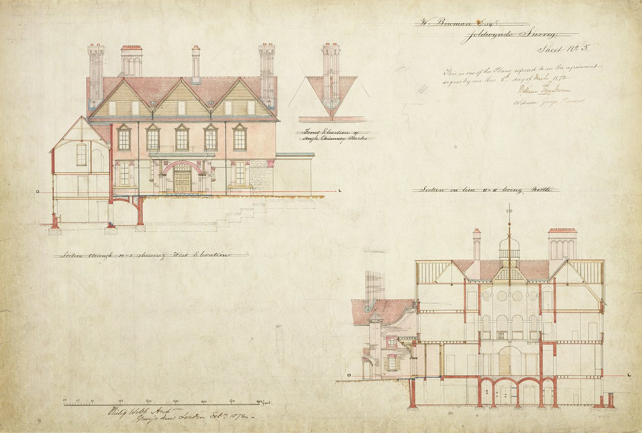 Joldwyns, Surrey, 1872 için tasarım (kağıt üzerinde kalem ve mürekkep ve wc) by Philip Webb