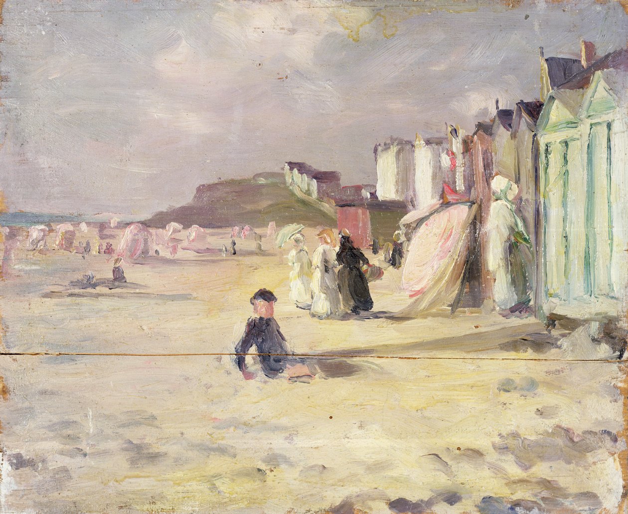 Bir dizi sahil kulübesinin yanında yürüyen figürler (panel) by Philip Wilson Steer