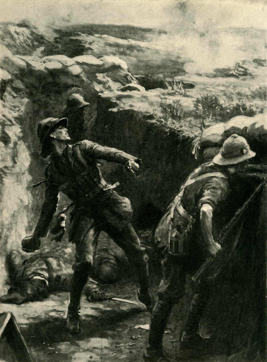 Teğmen Forshaw sürekli bomba atıyor, Gelibolu, Birinci Dünya Savaşı, 1915, c1920. by Philip Dadd