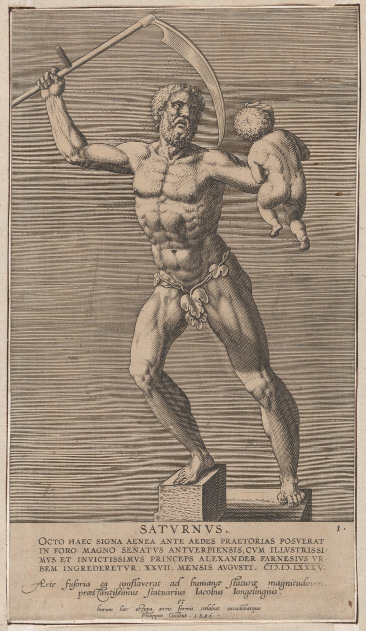 Levha 1: Satürn, bir kaide üzerinde duran, sağında bir tırpan tutan çıplak tanrının heykeli..., 1586. by Philip Galle