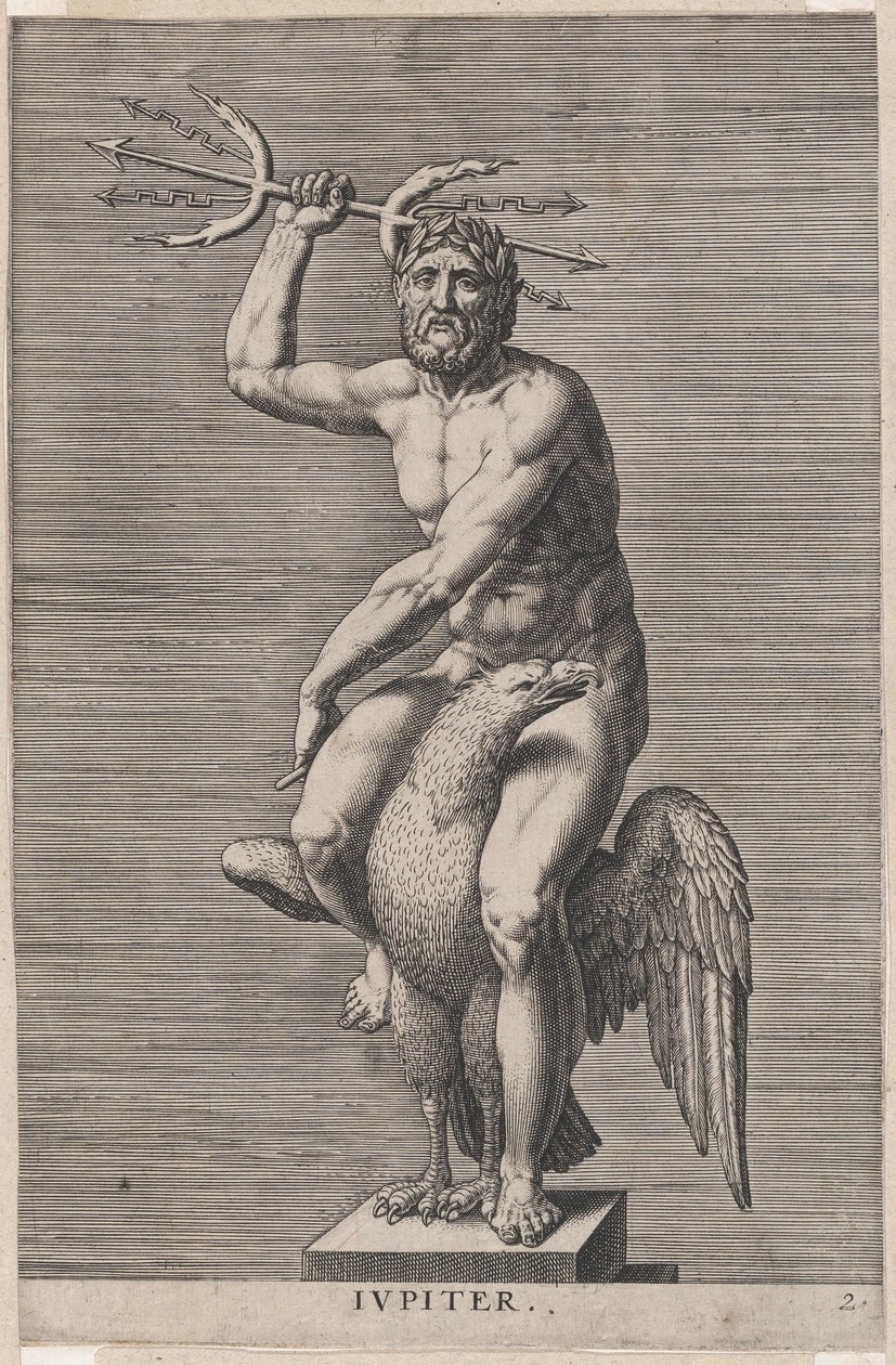 Levha 2: Jüpiter, bir kartal üzerinde oturan, çift trident tutan çıplak tanrı heykeli, fro..., 1586. by Philip Galle