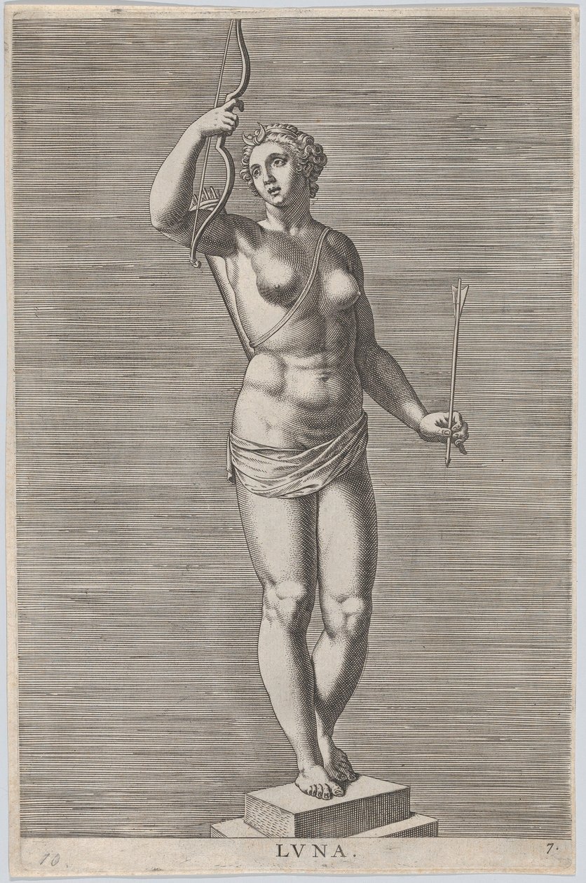 Levha 7: Diana, bir kaide üzerinde duran, hilal takan çıplak tanrıça heykeli..., 1586. by Philip Galle
