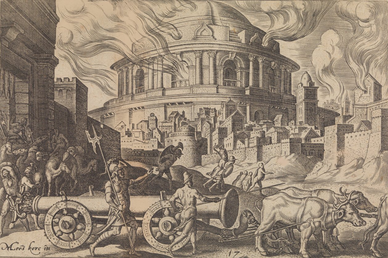 Keldaniler, Kudüs Tapınağının Sütunlarını Afetlerden Uzaklaştıran ..., 1569. by Philip Galle