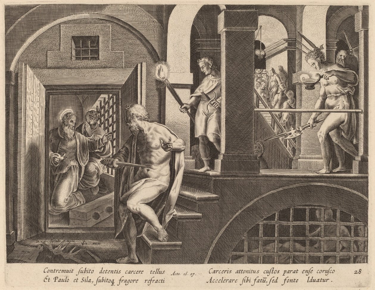 Gardiyan Kendini Öldürmek üzere, Aziz Paul tarafından çevrildi by Philip Galle after Jan van der Straet