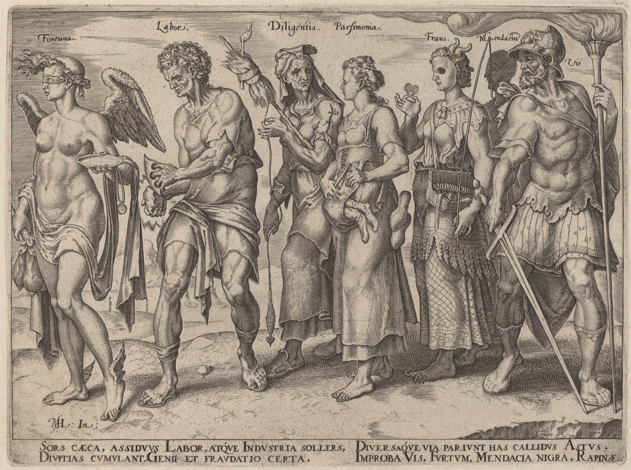 Servet, Emek, Özen, Tasarruf, Dolandırıcılık (Zengin Olmanın Dürüst ve Dürüst Olmayan Yolları) by Philip Galle, after Maerten van Heemskerck
