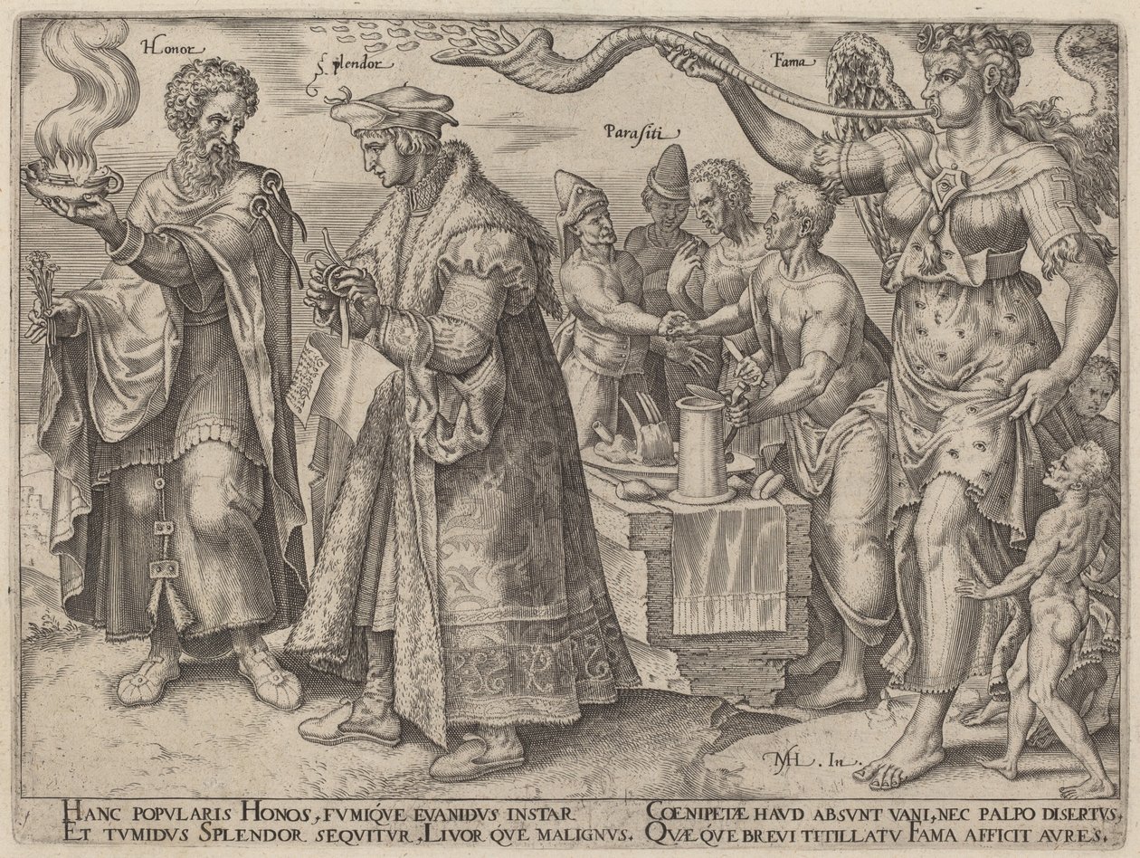 Onur, İhtişam, Parasiti, Fama (Zenginliğin Aldatıcı Etkileri) by Philip Galle, after Maerten van Heemskerck
