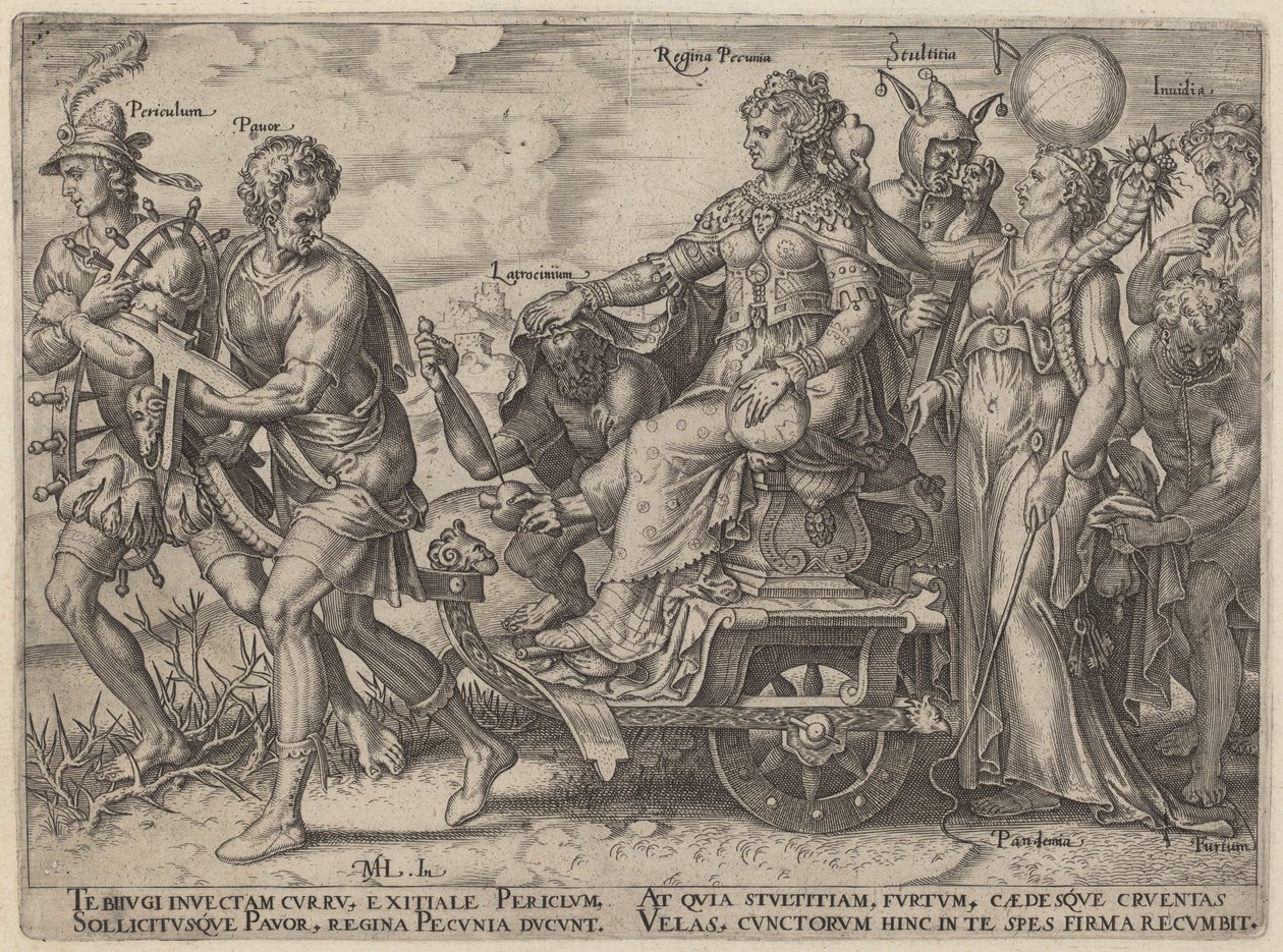 Tehlike, Panik, Hırsızlık, Para Kraliçesi, Budalalık, Kıskançlık (Zenginliğe Eşlik Eden Tehlikeler ve Olaylar) by Philip Galle, after Maerten van Heemskerck