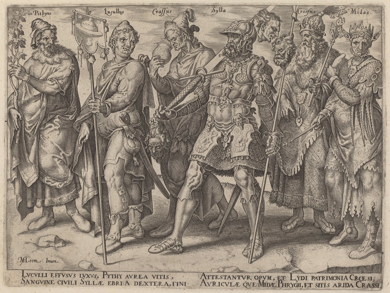 Pythius, Lucullus, Crassus, Sylla, Croesus, Midas (Antik Çağdan Ünlü Zenginlik Örnekleri) by Philip Galle, after Maerten van Heemskerck