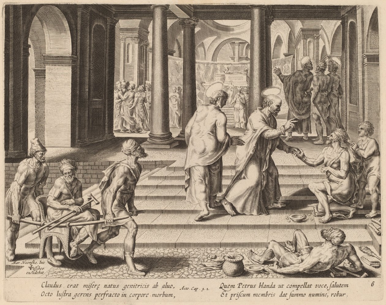 Aziz Petrus ve Yuhanna Tapınağın Kapısında Bir Sakatlıyı İyileştirir by Philip Galle after Maerten van Heemskerck