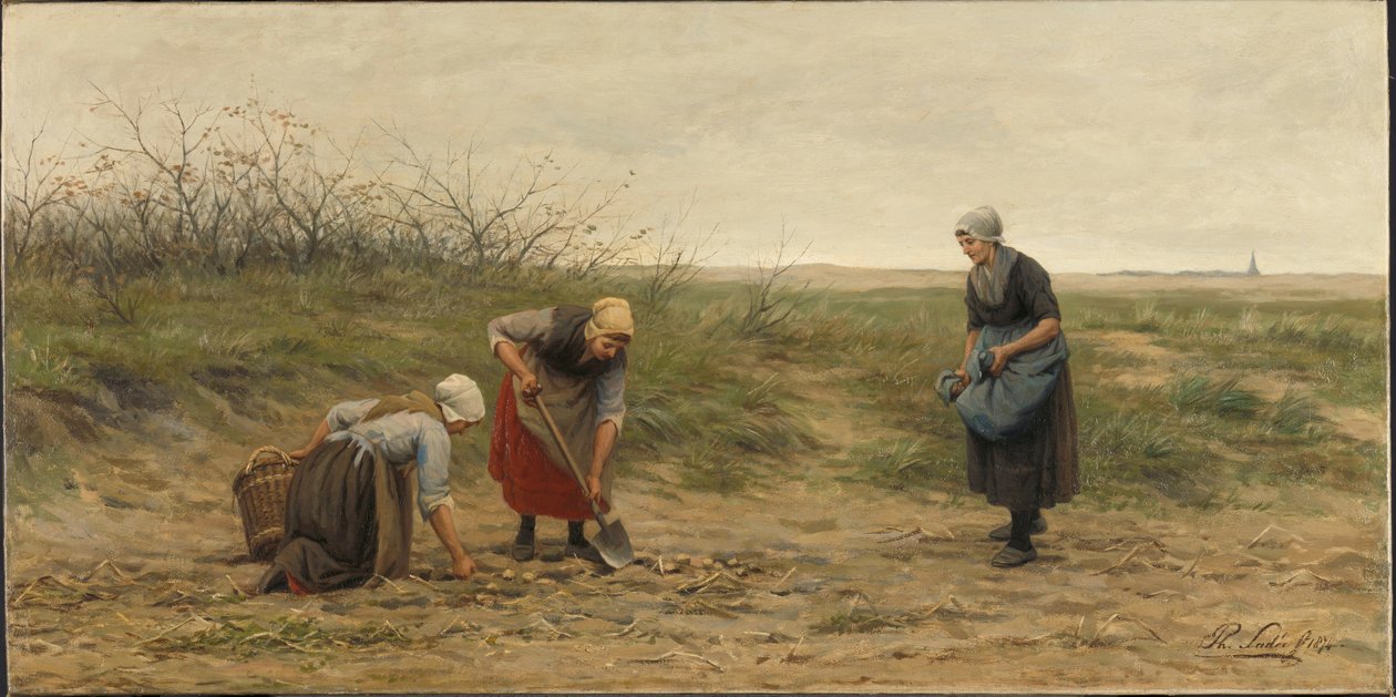 Hasat edilmiş bir patates tarlasını okuyan Scheveningen kadınları by Philip Sadée