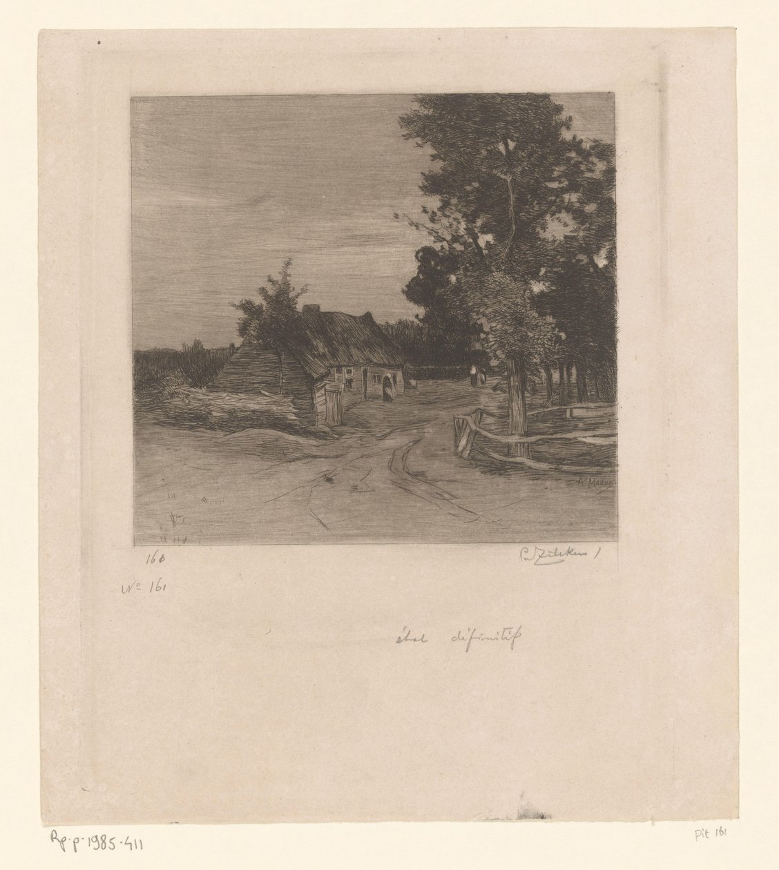 Ağaçlarla dolu bir köy yolunda çiftlik Köy (orijinal başlık) by Philip Zilcken (signed by artist)