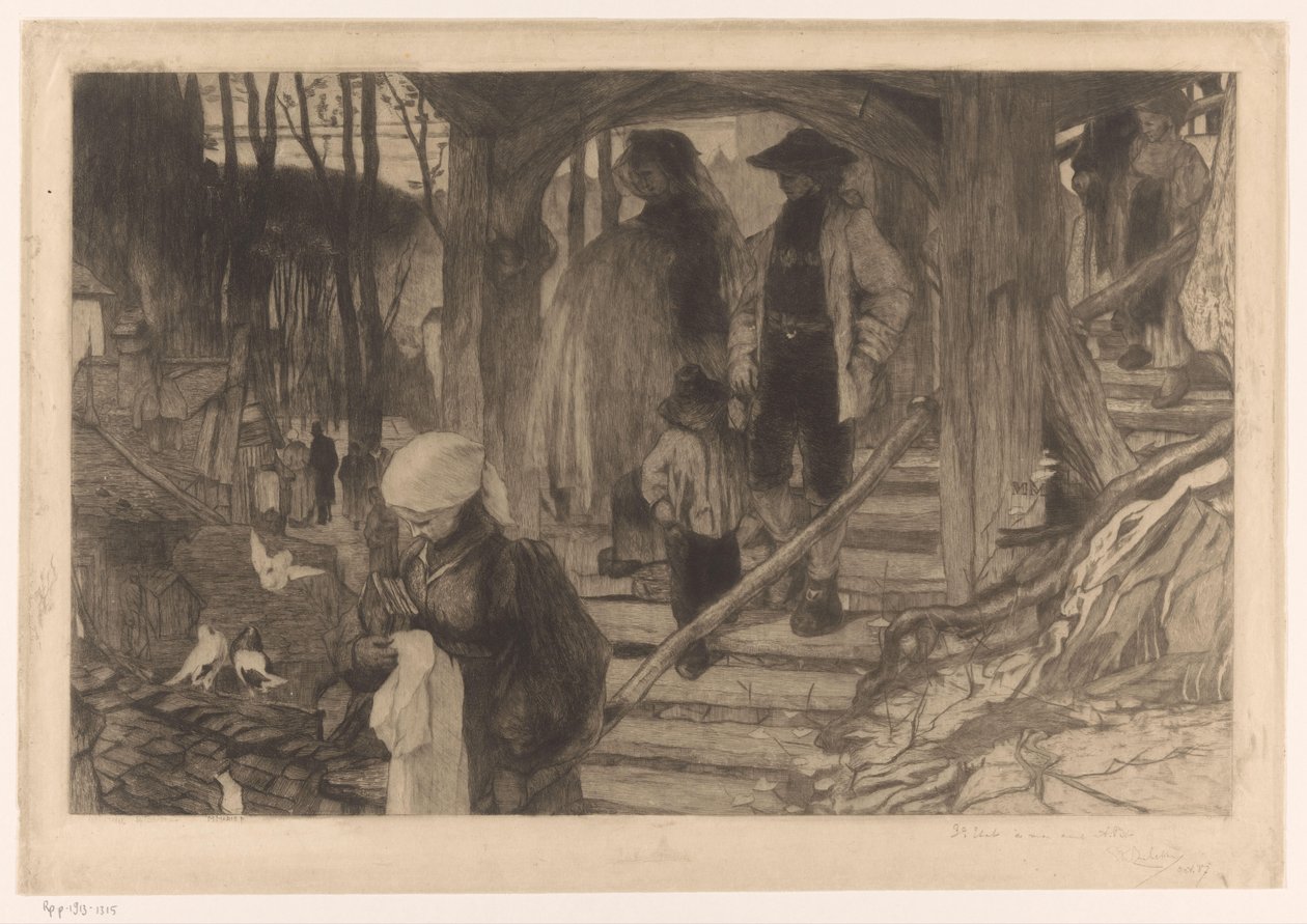 Çiftçiler Baptême à Fribourg'dan bir merdivenden aşağı iniyor (orijinal başlık) by Philip Zilcken (signed by artist)