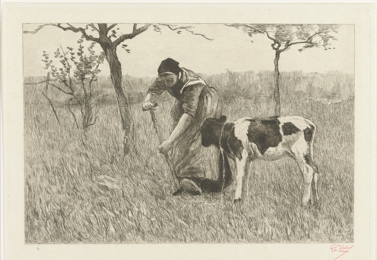 Buzağı Le veau ile kazma köylü kadın (orijinal başlık) by Philip Zilcken (signed by artist)