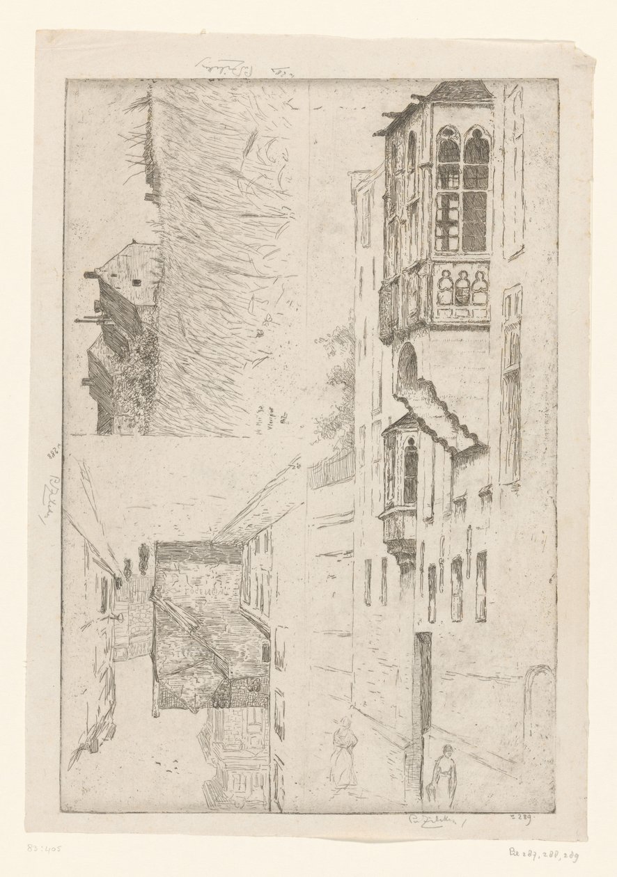 Bir şehirde evler ve evlerin iki manzarasına sahip buğday tarlası A Vleurgat; Champ de Blé / Rue Haute / Etude de la bretêche de l'Hôtel de Ravensteijn (orijinal başlık) by Philip Zilcken (signed by artist)