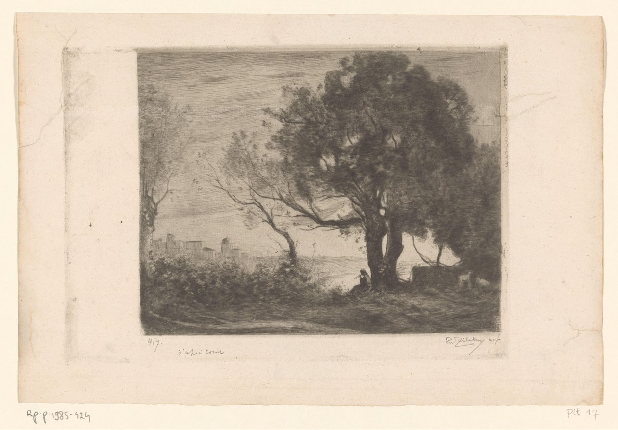 Bir ağacın altında flüt çalan bir manzara ve bir şehrin silueti Soir (orijinal başlık) by Philip Zilcken (signed by artist)