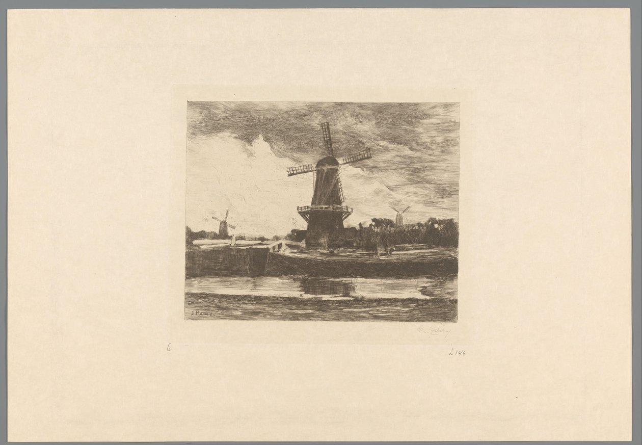 Kanal ve değirmenler Le Moulin (orijinal adı) Jacob Maris ile manzara. On İki Manzara (dizi başlığı) by Philip Zilcken (signed by artist)