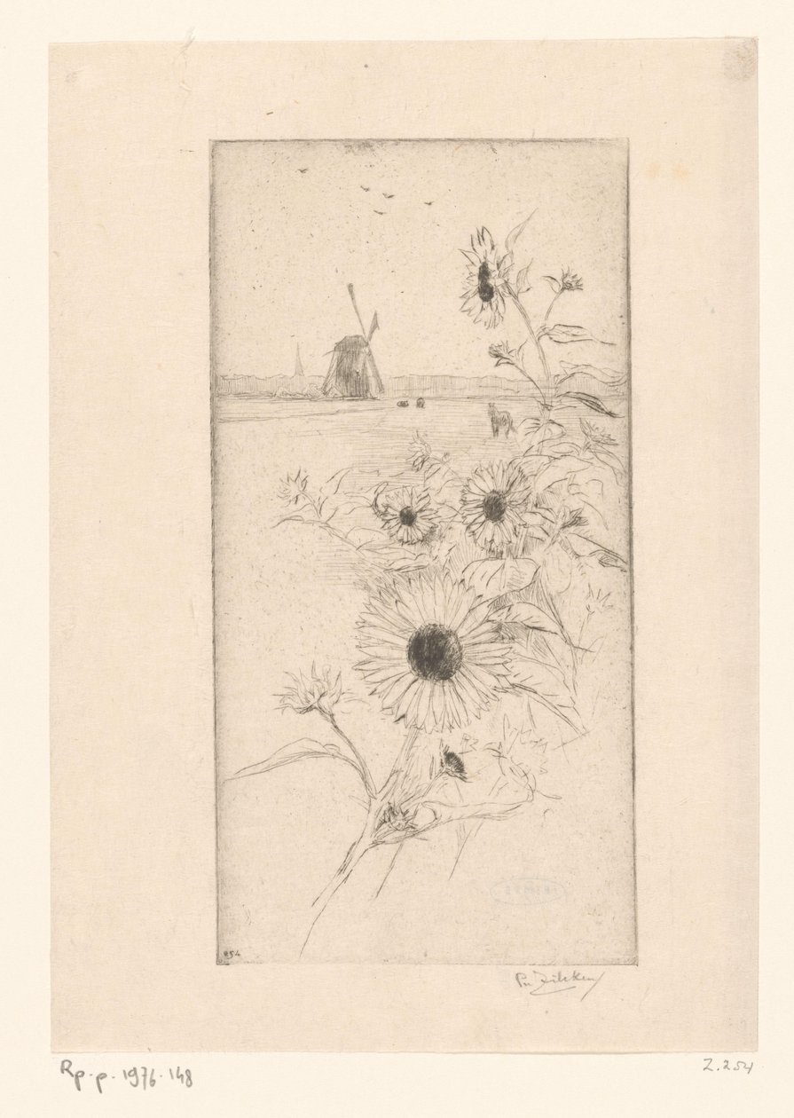 Atlar ve yel değirmeni ile bir çayır manzarasının önünde ayçiçeği Eutude de tournesols (orijinal başlık) by Philip Zilcken (signed by artist)