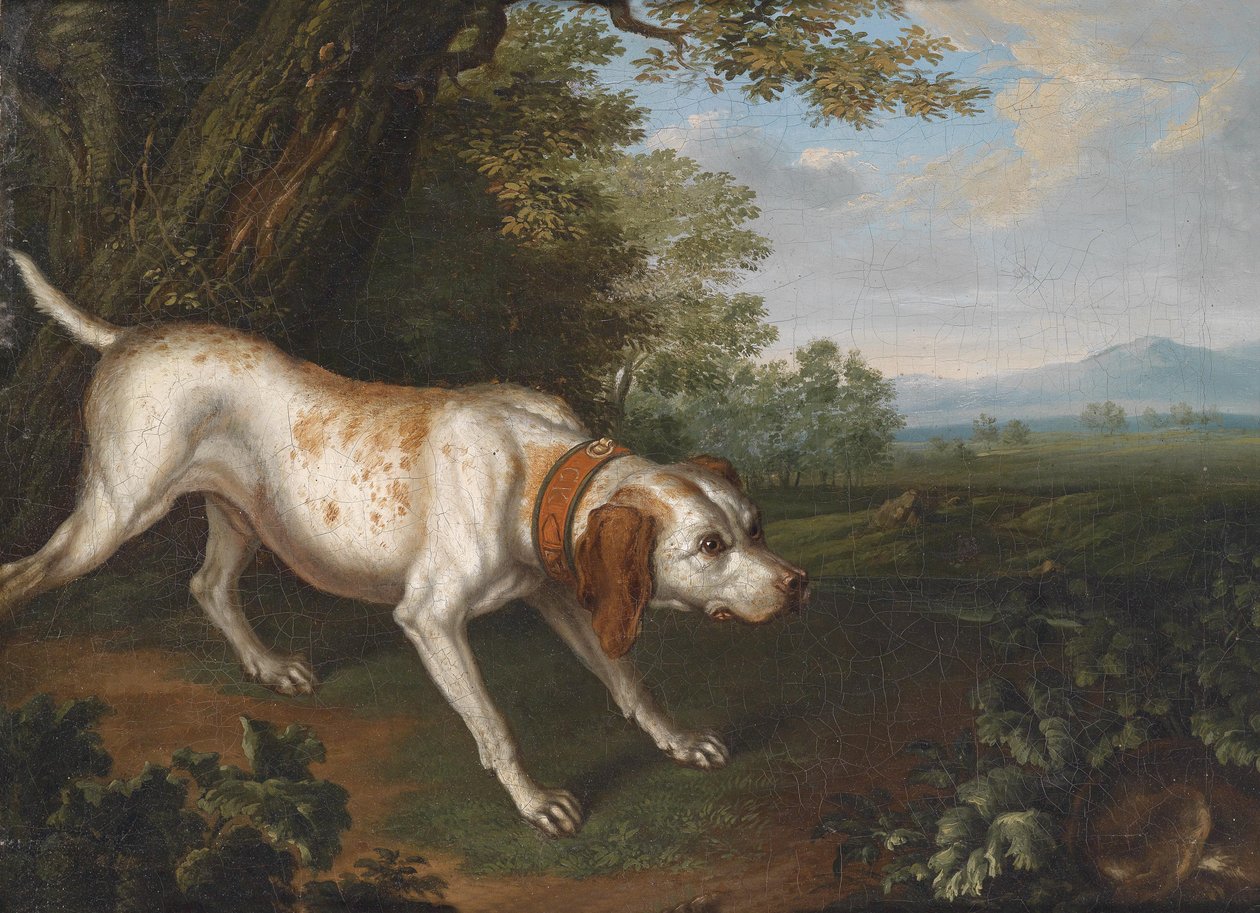 Bir manzarada av kokulu bir av köpeği by Philipp Ferdinand de Hamilton