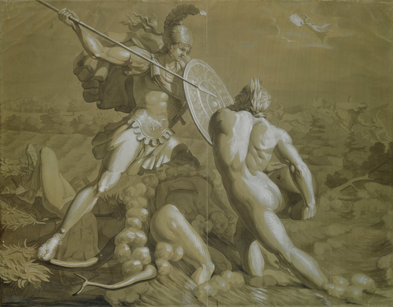 Fight of Achilles with the River Scamander (brown and white wash over pencil on paper) by Philipp Otto Runge