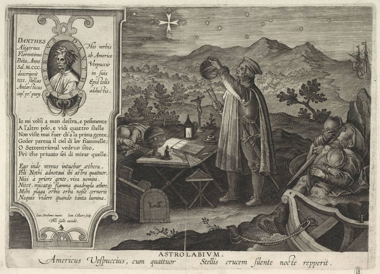 Amerigo Vespucci, usturlab Americae Retectio ile Güney Haçı takımyıldızını buluyor, 1591 by Philipp Galle