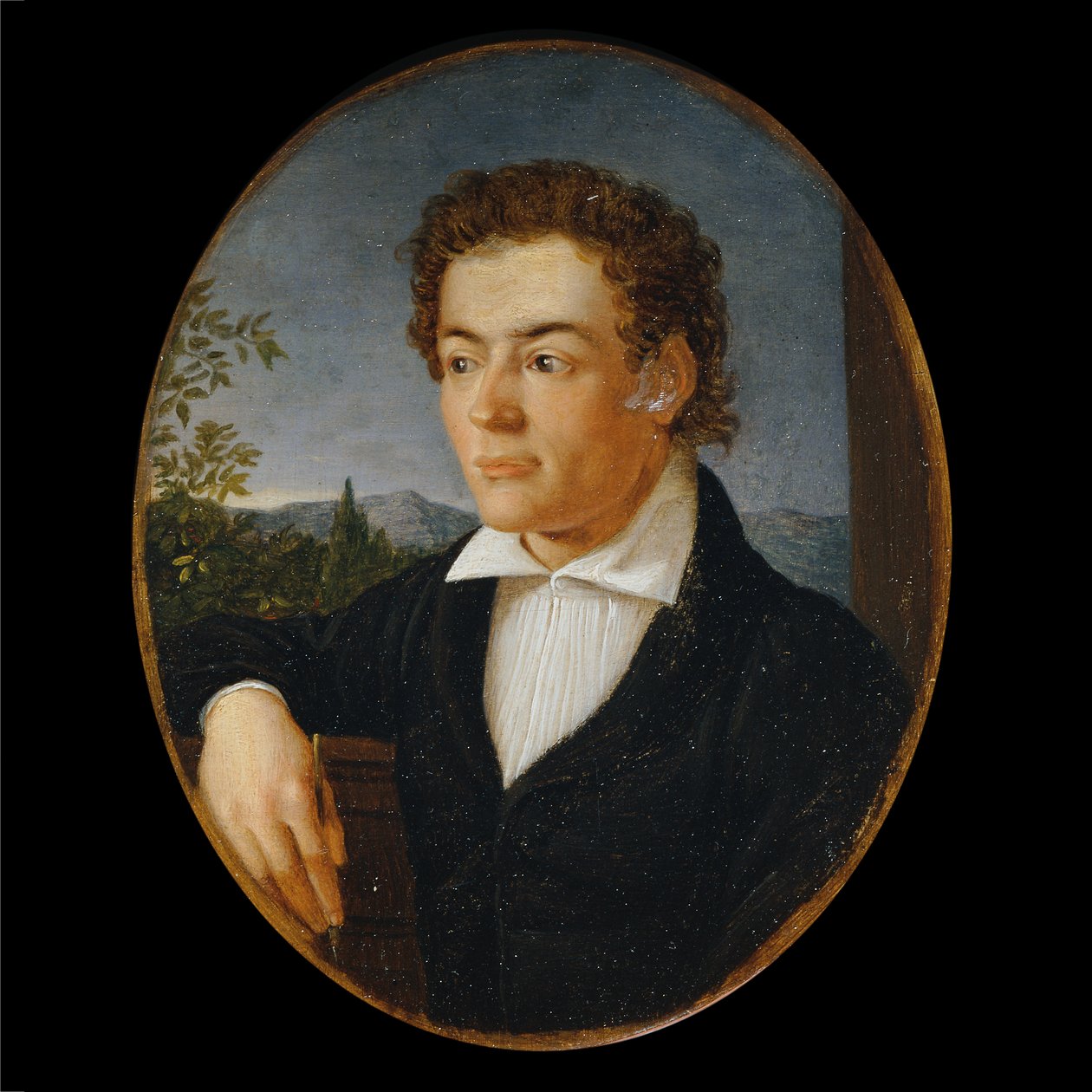 Bir akşam manzarasının önünde genç bir adamın büstü by Philipp Otto Runge