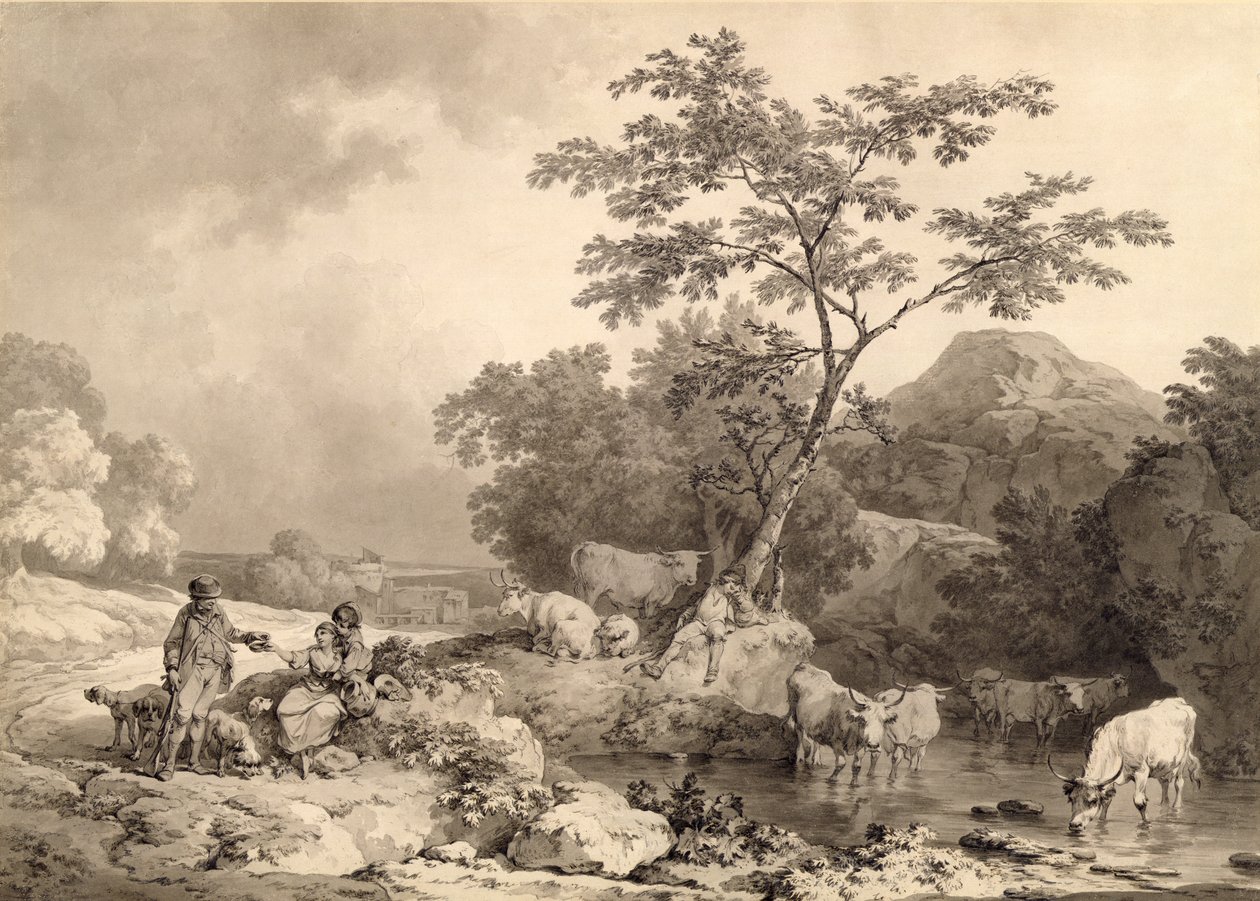 Sığırların sulandığı bir dere kenarındaki rakamlar (serbest kağıt üzerinde kurşun kalemin üzerine gri lekeler) by Philippe Jacques de Loutherbourg