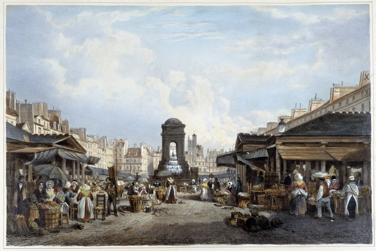 Masumların çeşmesi etrafında yürüyüş, ca. 1840 - “” Promenade dans Paris et ses çevresi””nde, hasta. Jacottet ve Benoist, Paris, v.1840 by Philippe Benoist