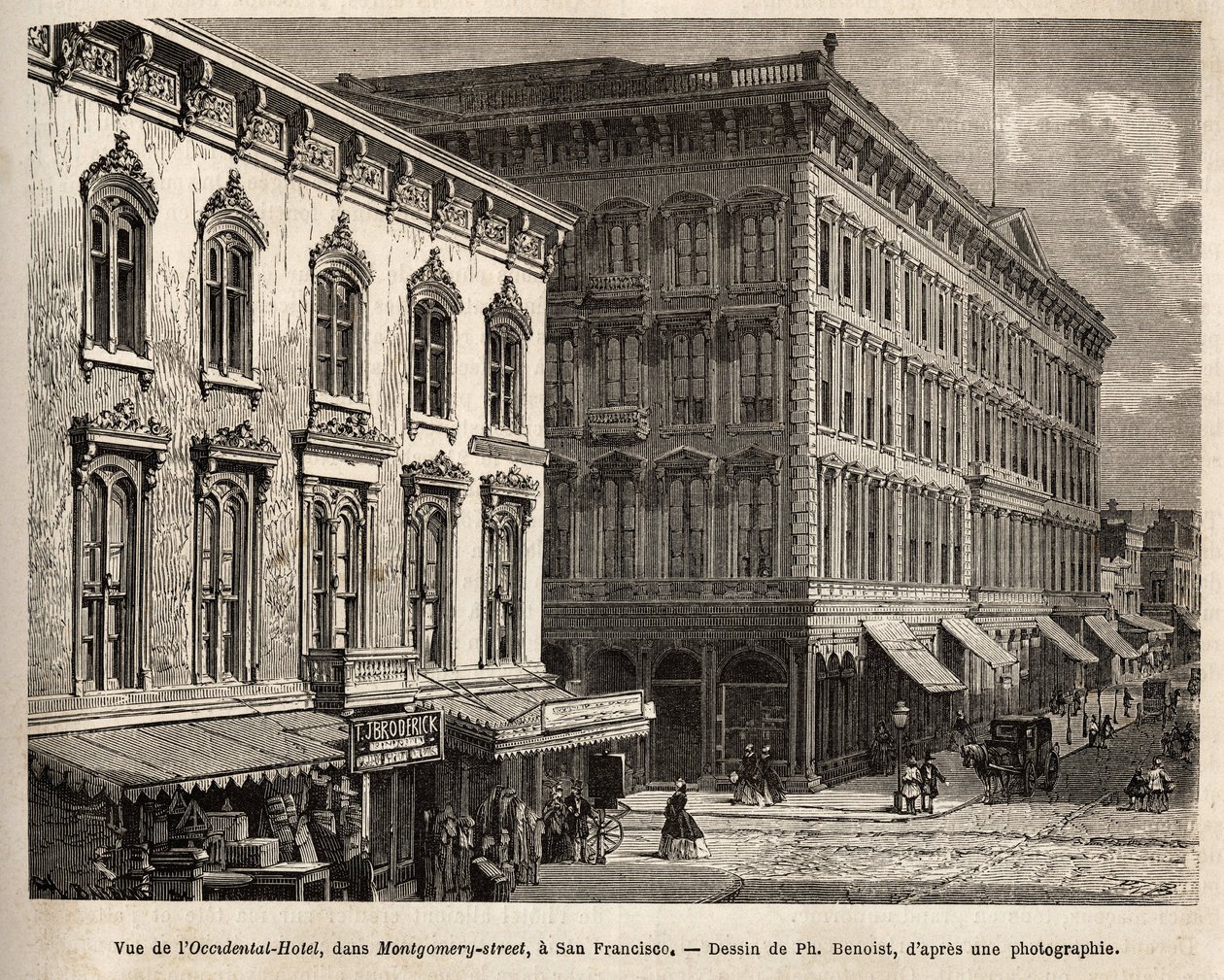 Vue de l'Occidental Hotel (Occidental Hotel), Montgomery-street (Montgomery caddesi), San Francisco (California), Ph. Benoist'in çiziminden sonra gravür, 1868'de L. Simonin'de yayınlandı. by Philippe Benoist