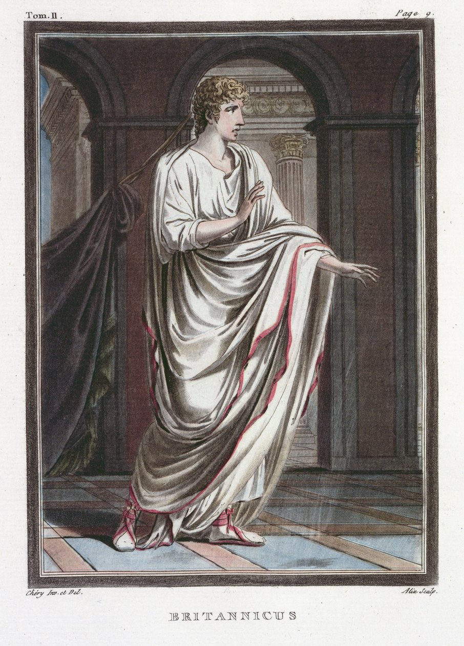 Britannicus, Jean Racine tarafından 'Britannicus' için kostüm, Pierre Michel Alix (1762-1817) 1802 tarafından oyulmuş 'Tüm Ulusların Kostümleri ve Tiyatrosu Üzerine Araştırma'nın II. Cildinden by Philippe Chery