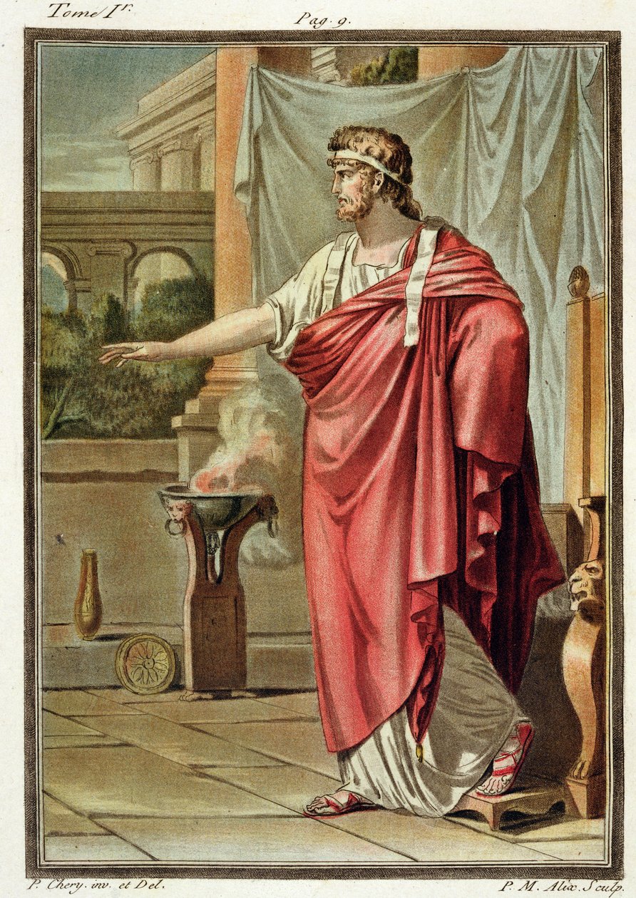 Pyrrhus, Jean Racine tarafından 'Andromache' için kostüm, 'Research on the Costumes and Theatre of All Nations'ın I. cildinden, Pierre Michel Alix (1762-1817) 1802 tarafından oyulmuş by Philippe Chery