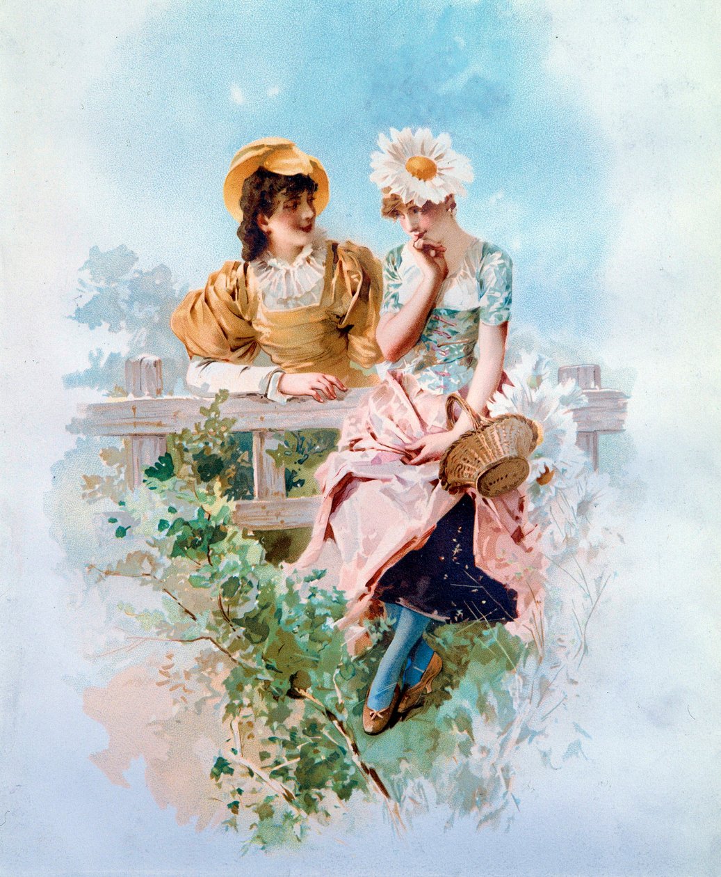 Güven Sırları fısıldayan iki genç kız. Philippe Jacques Linder (1835-?) tarafından litografi 19. yüzyıl Özel Koleksiyonu by Philippe Jacques Linder