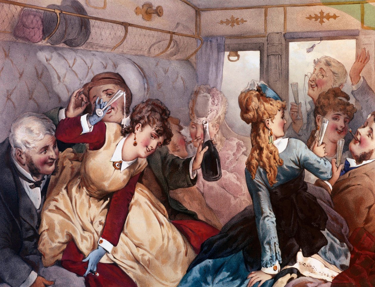 Zevk Treni Bir vagonda içki içip eğlenen bir grup burjuva. Philippe Jacques Linder tarafından litografi by Philippe Jacques Linder