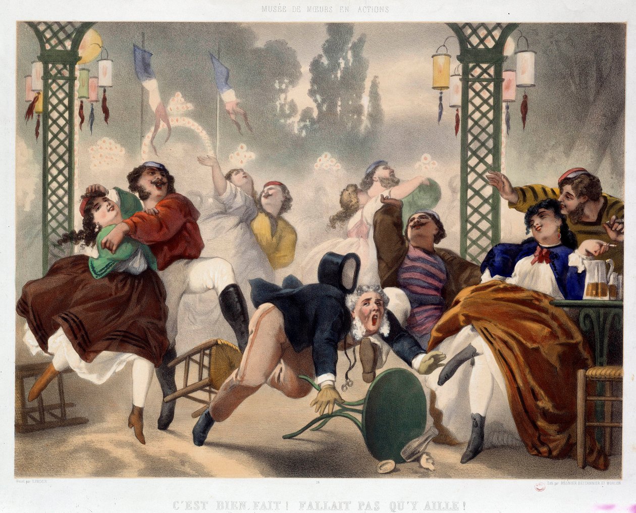 Asnieres kumarhanesi İyi ki oraya gitmek zorunda değildi”” Popüler eğlence sahnesinde, bir adam bir tabureye ayağını basar ve dans pistinin ortasına düşer. Philippe Jacques Linder (1835-?) tarafından litografi. Musee de Moeurs ve d