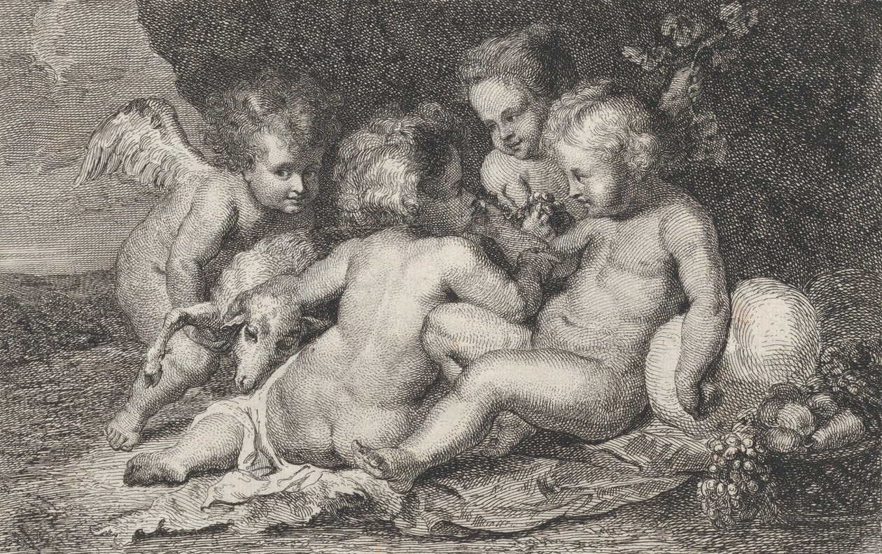 Üç çocuktan oluşan bir grup ve meyveli ve kuzulu bir putto, yakl. 1760-1801. by Philippe Lambert Joseph Spruyt