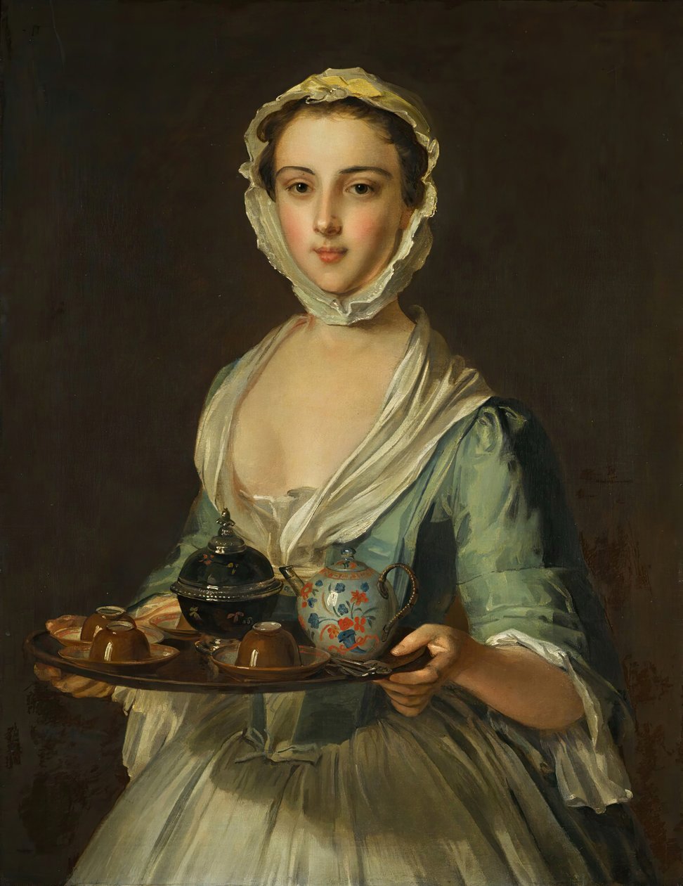 Çay tepsisi tutan genç bir kadın muhtemelen sanatçının hizmetçisi Hannah. by Philippe Mercier
