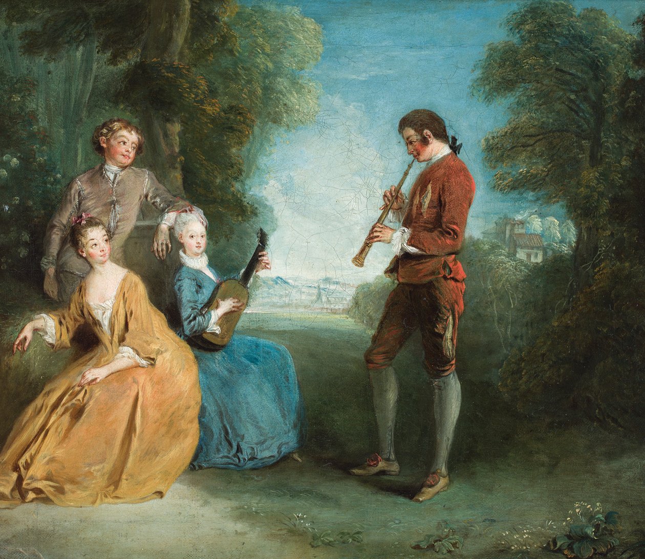 İki çift aşık, bir çift müzik yapıyor, park alanında (tuval üzerine yağlıboya) by Philippe Mercier