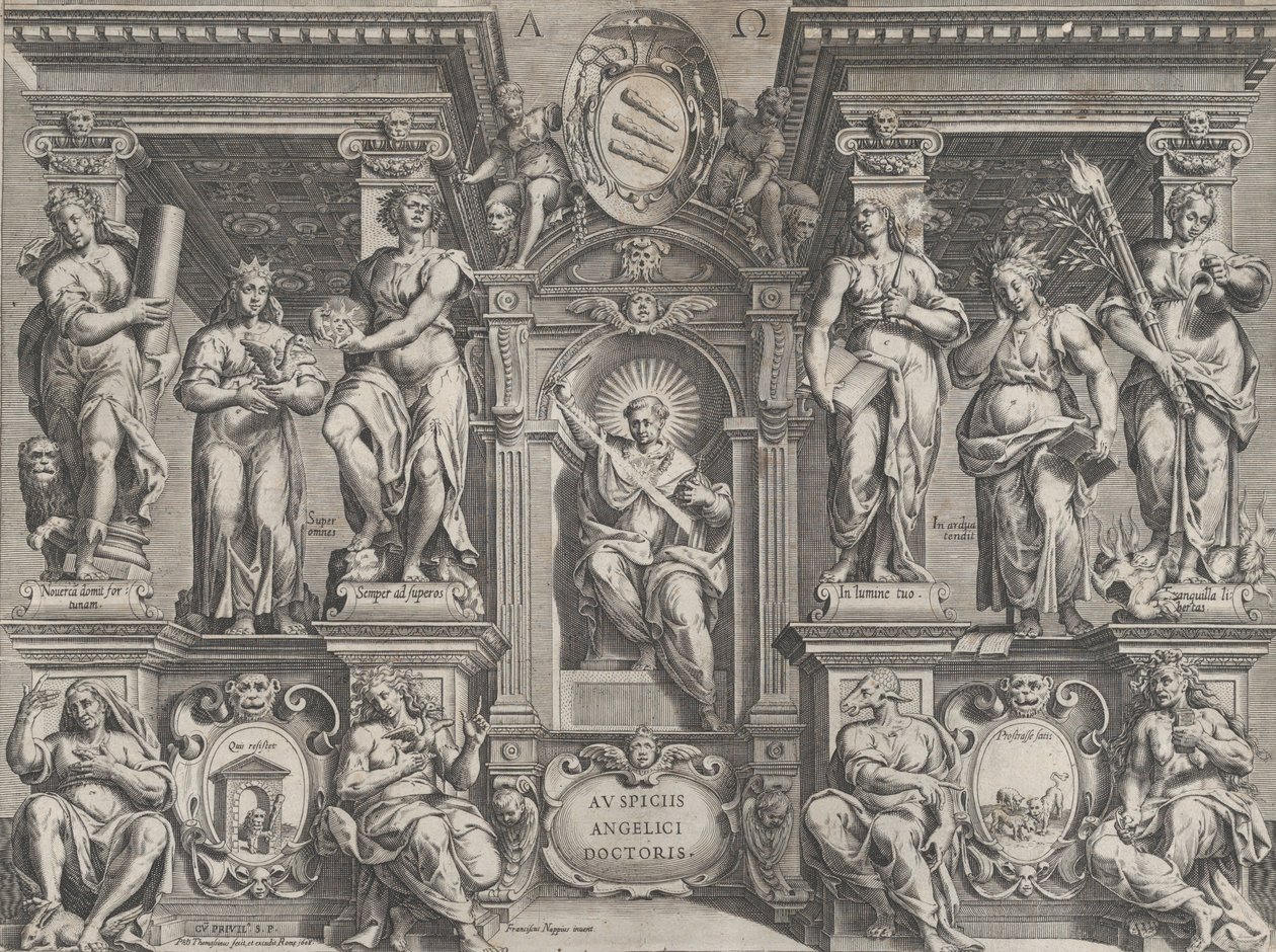 Alegorik tez baskısı, mimari bir yapıya yerleştirilmiş çeşitli figürlerle, 1608. by Philippe Thomassin