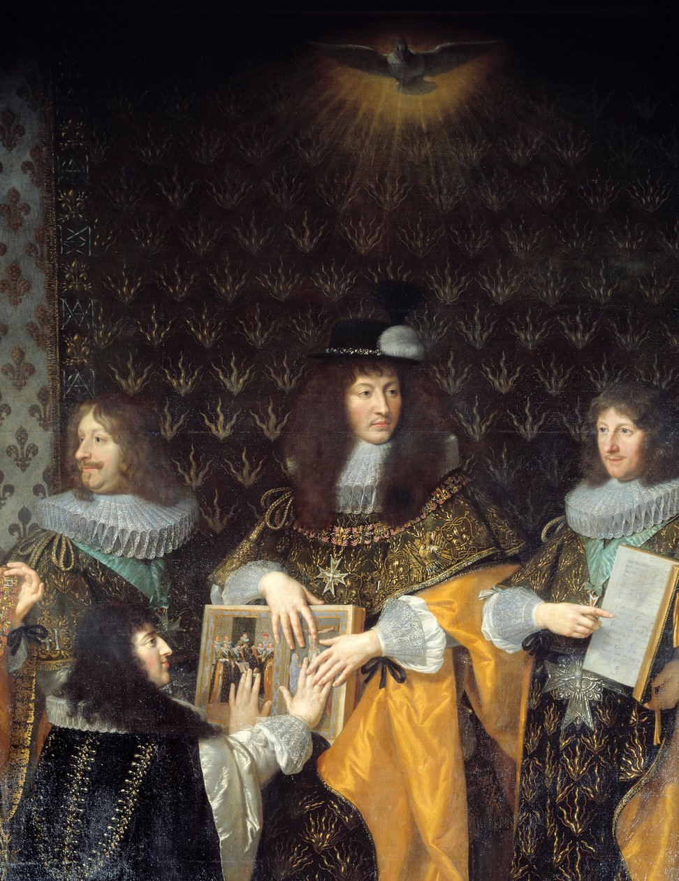 Kral Louis XIV, Kutsal Ruh Nişanı (Kutsal Ruh Nişanı) şövalyesini, kardeşi Anjou Dükü Detayını alır. Philippe de Champaigne (1602-1674) 17. yüzyıl Grenoble tarafından yapılan resim, Musee des Beaux Arts by Philippe de Champaigne