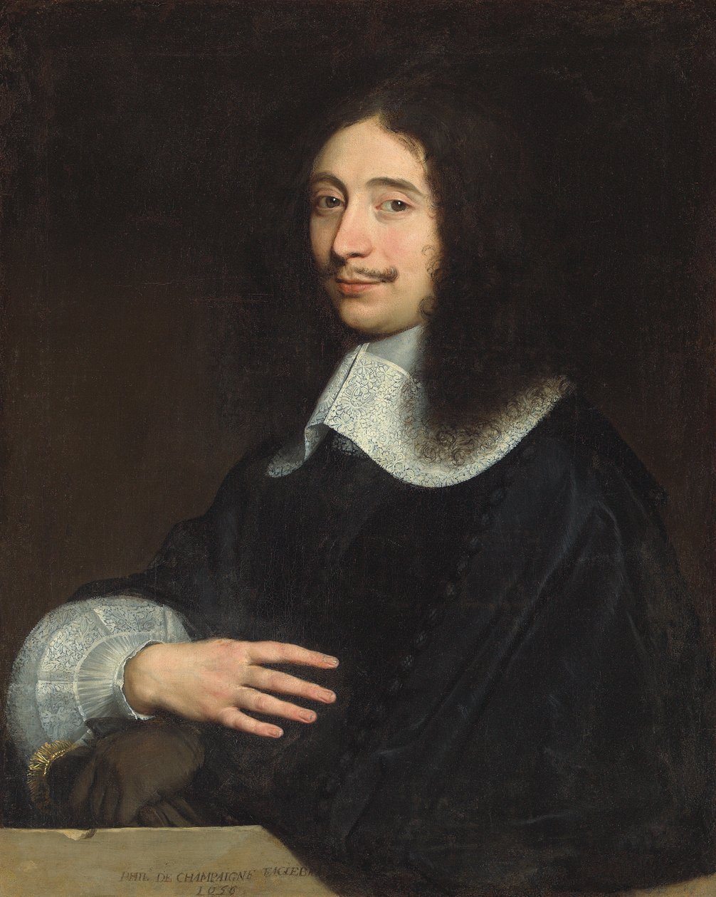 Geleneksel olarak Noël de Bullion olarak tanımlanan bir beyefendinin portresi, yarım uzunlukta, siyah, dantel yakalı ve kollu, eldivenleri sol elinde, 1656 by Philippe de Champaigne