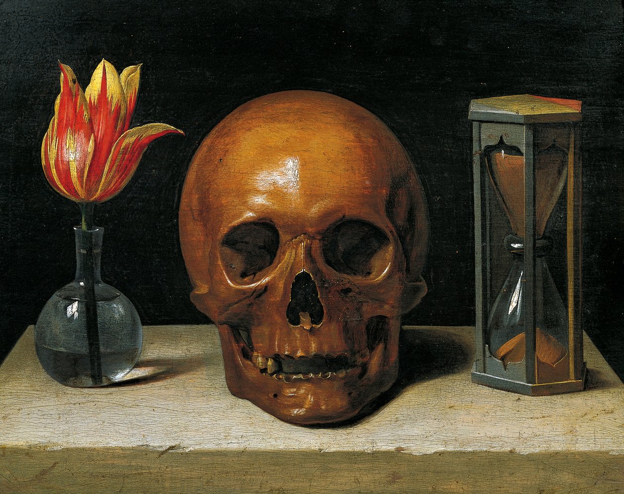 Vanitas Laleli, Kafatası ve Kum Camlı Natürmort (panelde yağlı boya) by Philippe de Champaigne