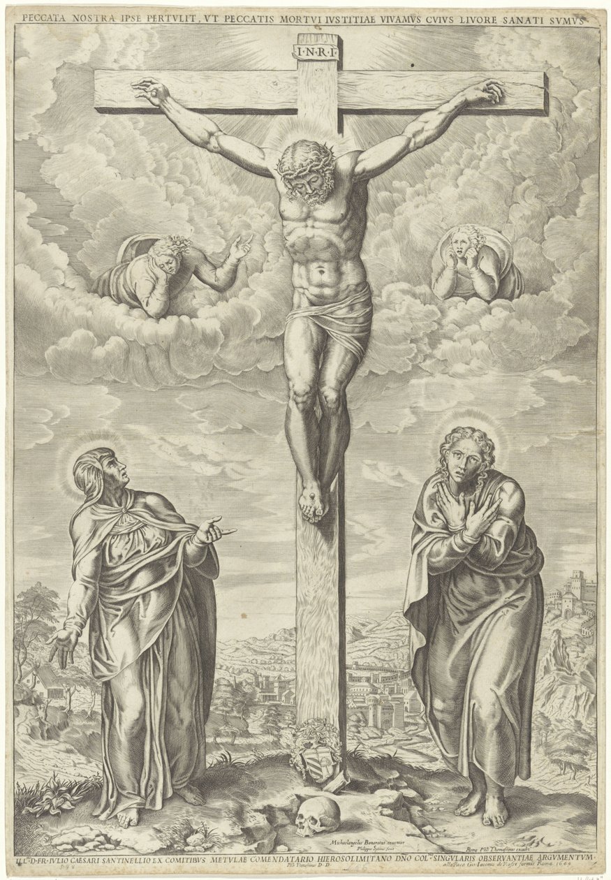 Bir manzarada Mary ve John tarafından çevrili çarmıhta İsa by Philippe de Soye