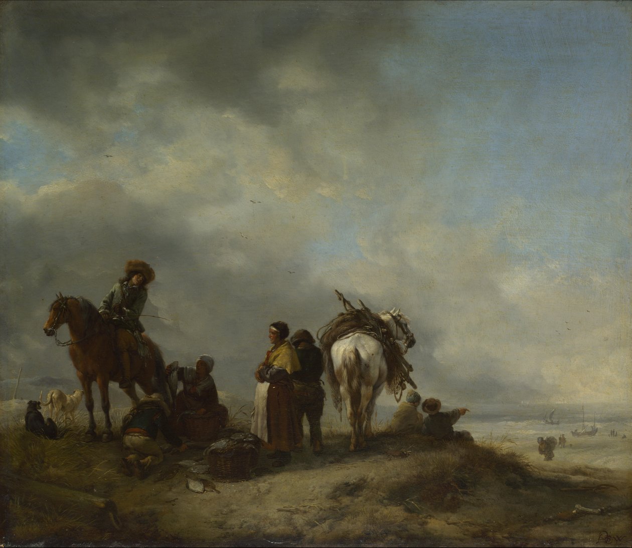 Balık Kadınlarının Bir Süvariye Balık Verdiği Bir Deniz Kıyısından Bir Görünüm by Philips Wouwerman