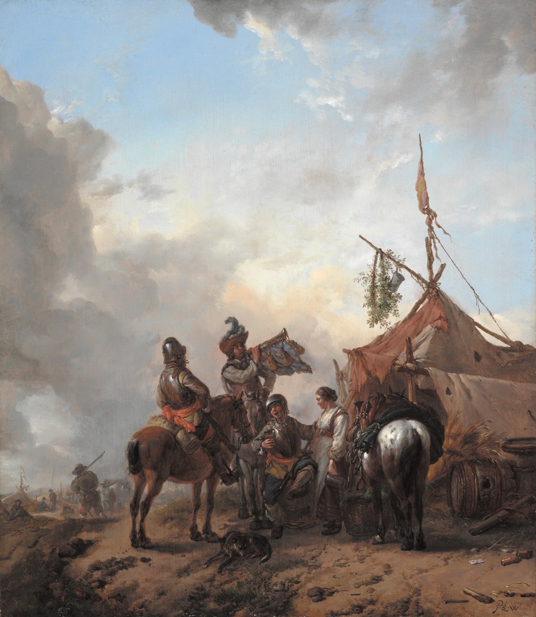 Bir çadırın dışında hizmet eden bir kadınla alem yapan askerler, c.1655 (meşe panel üzerinde yağlı boya) by Philips Wouwerman