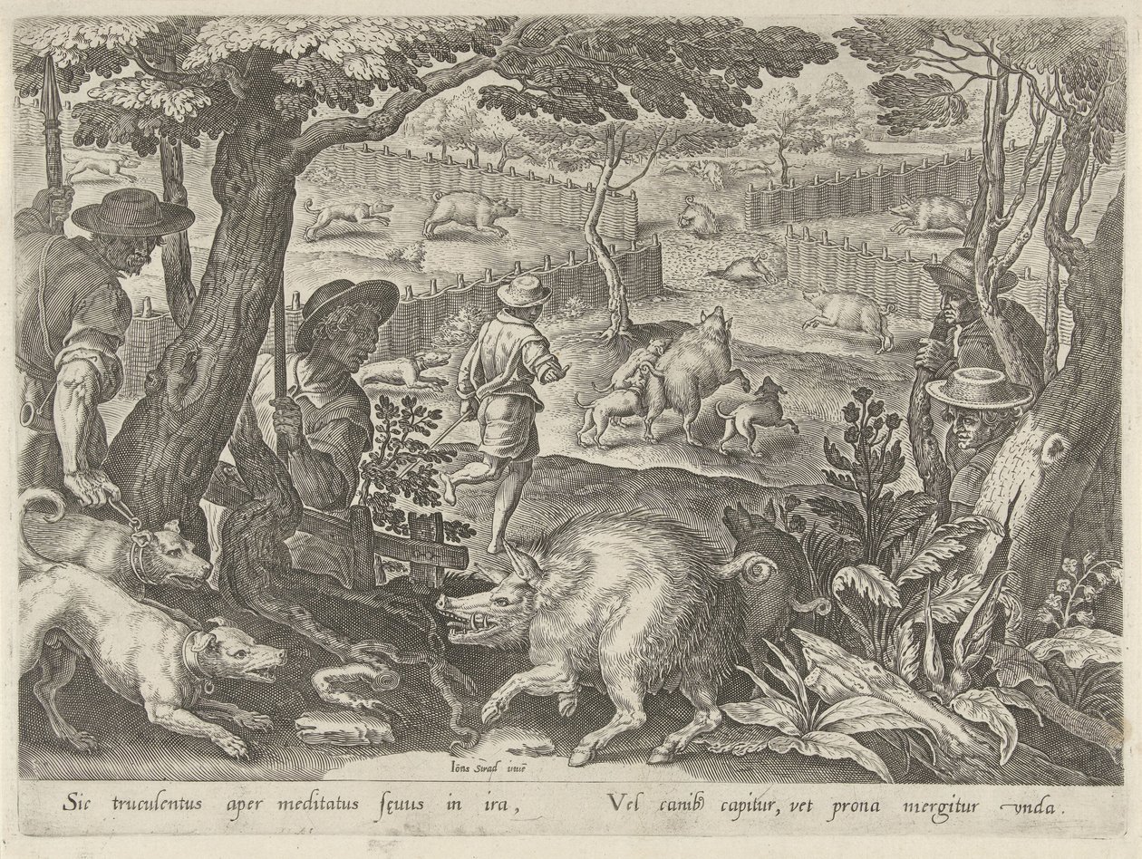 Drijfjacht op zwijnen Jachttaferelen (dizi adı) Her türlü avcılık, avcılık ve balık tutmayı içerir (seri başlığı) by Philips Galle