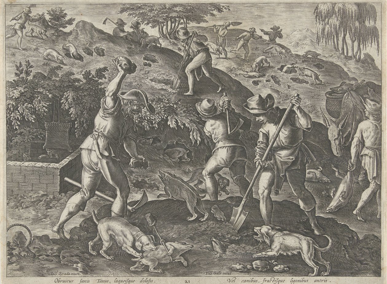 Jacht op dassen Jachttaferelen (dizi adı) Her türlü avcılık, avcılık ve balık tutmayı içerir (seri başlığı) by Philips Galle