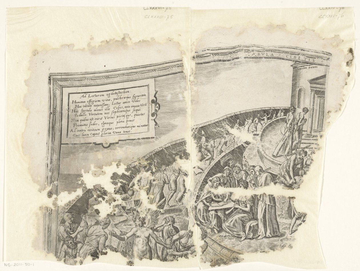 Cebes Tabula Cebetis Carta Vitae tarafından sahnenin bir baskısının sol üst köşesi (nesnedeki başlık) by Philips Galle