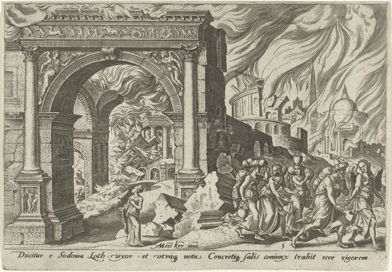 Loth ve ailesi Sodom şehrini terk eder. Yahudi Halkının Doom Günleri (dizi adı) by Philips Galle