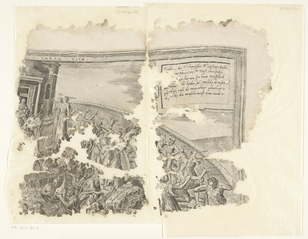 Cebes Tabula Cebetis Carta Vitae'nin sahnesinin sağ üst köşesi (nesnedeki başlık) by Philips Galle